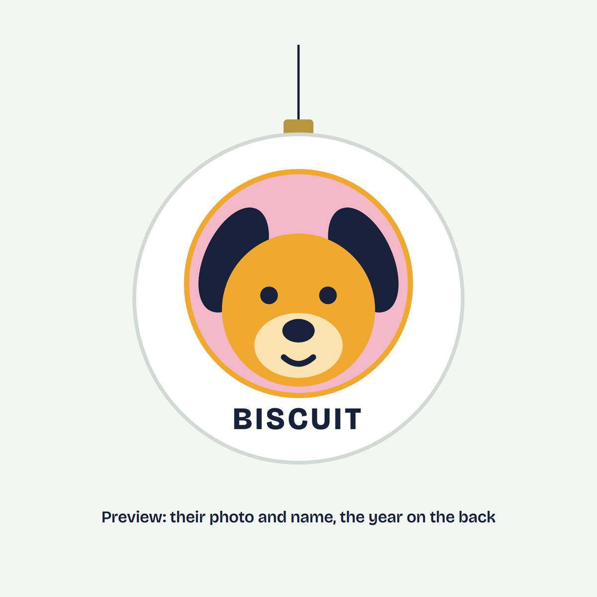 Round ornament with an illustrated pet portrait and name, preview