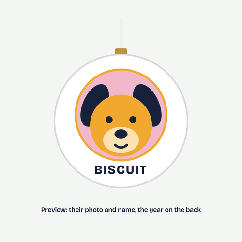 Round ornament with an illustrated pet portrait and name, preview