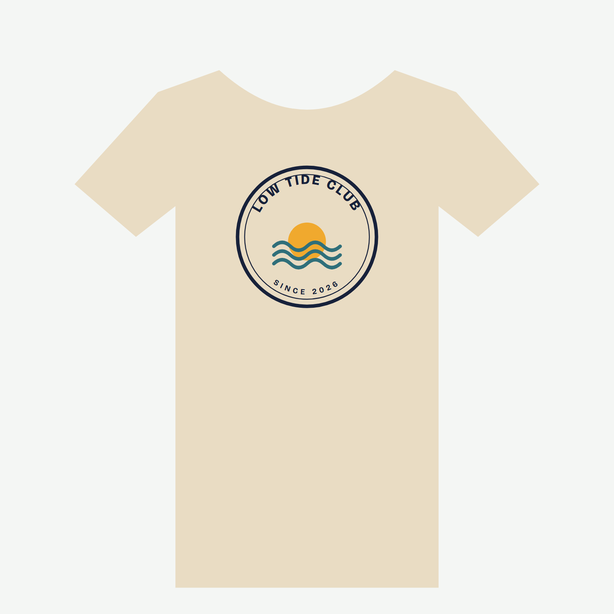 Low Tide Club tee, design preview: crest on a sand tee