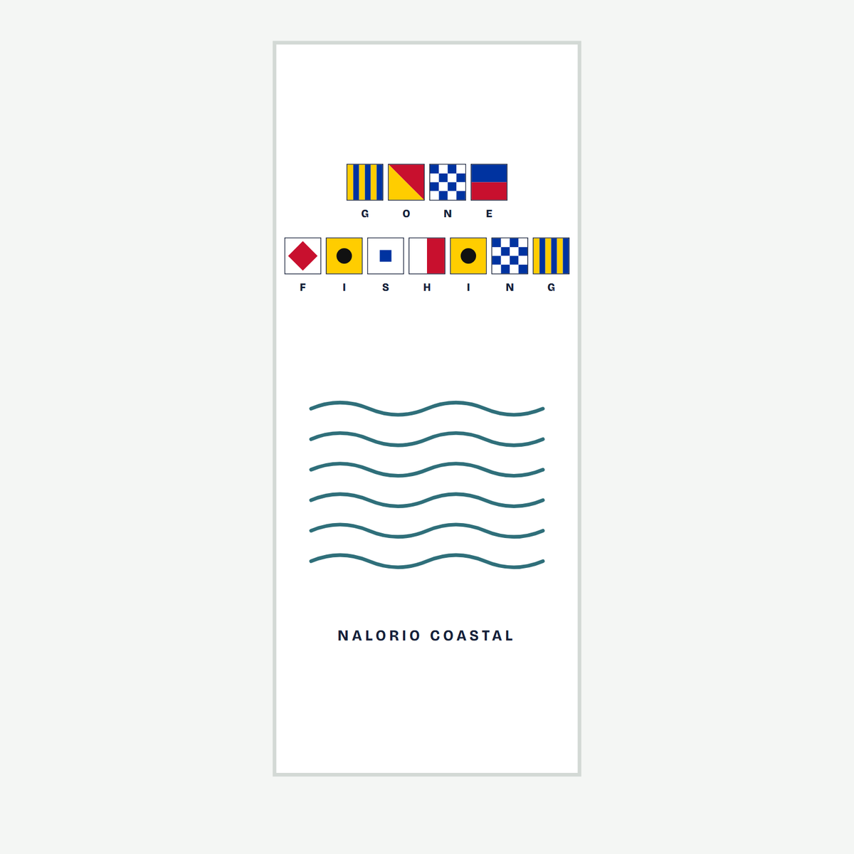 Beach towel with signal flags spelling GONE FISHING, design preview