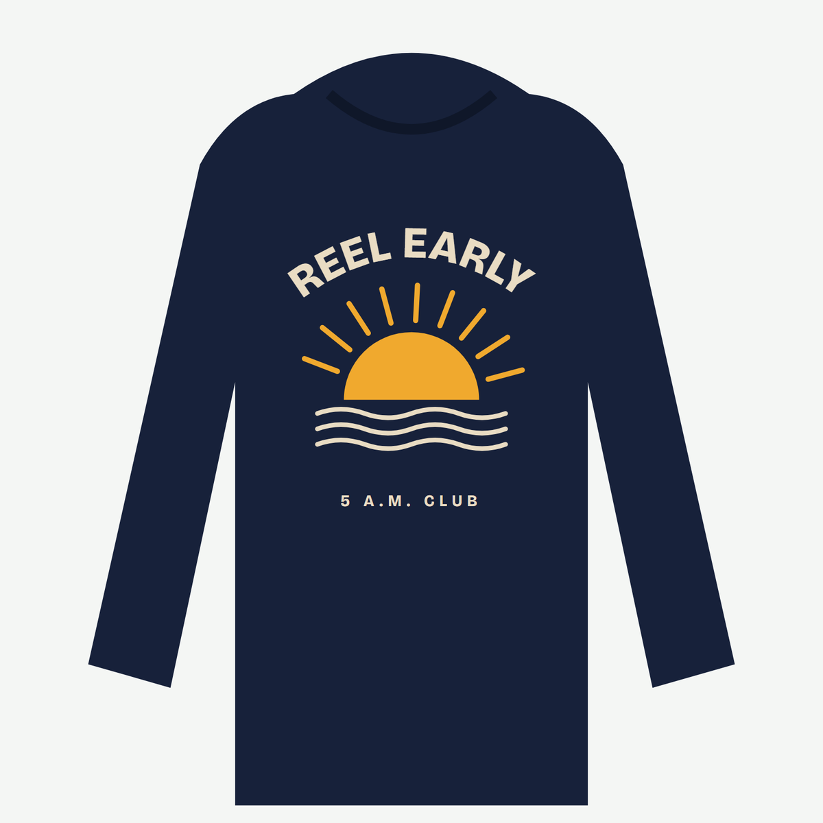 Reel Early hoodie, design preview: sunrise back print on navy